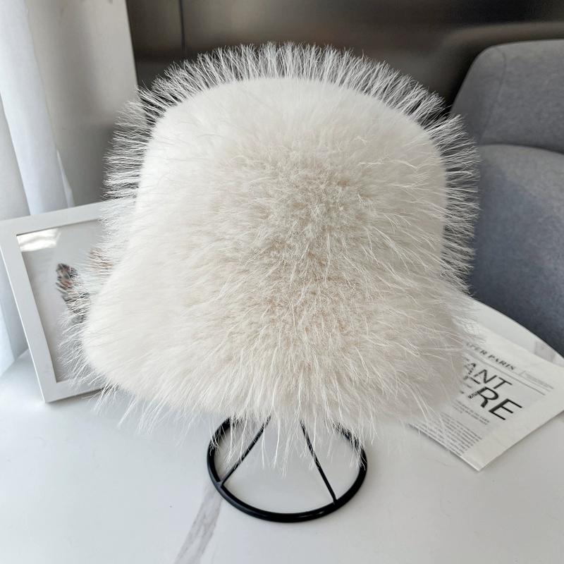 New Imitation Fox Hair Bucket Hat Women's Autumn and Winter Fashion Versatile Thickened Warm Plush Top Hat Japanese Show Small Face