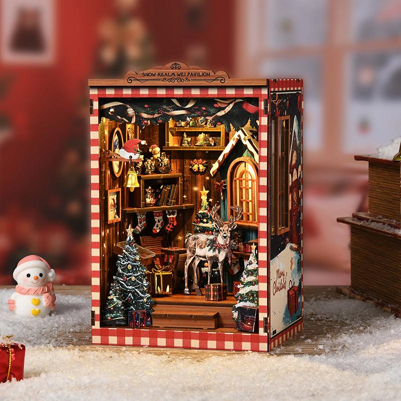 New Snow Globe DIY Miniature Book Nook - 3D Puzzle House Architecture Model Kit, Christmas & Black Friday Bookend Craft Gift