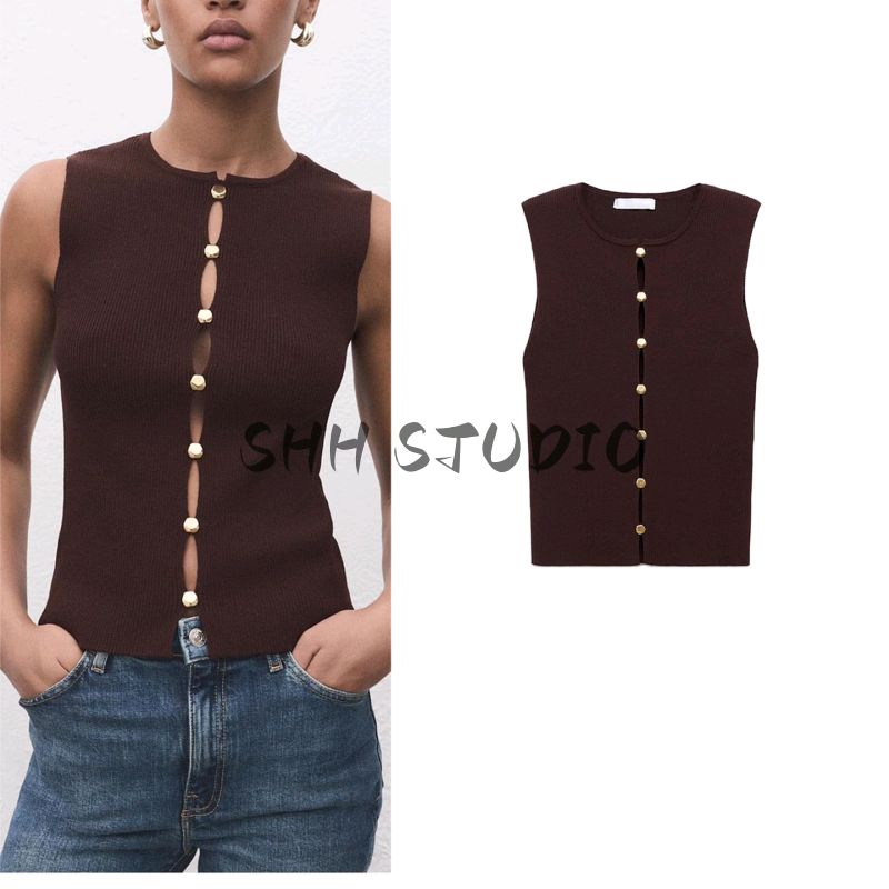 Autumn New Women Clothes Casual Round Neck Sleeveless Metal Button Decoration Knitted Slim Fit Vest 17034140
