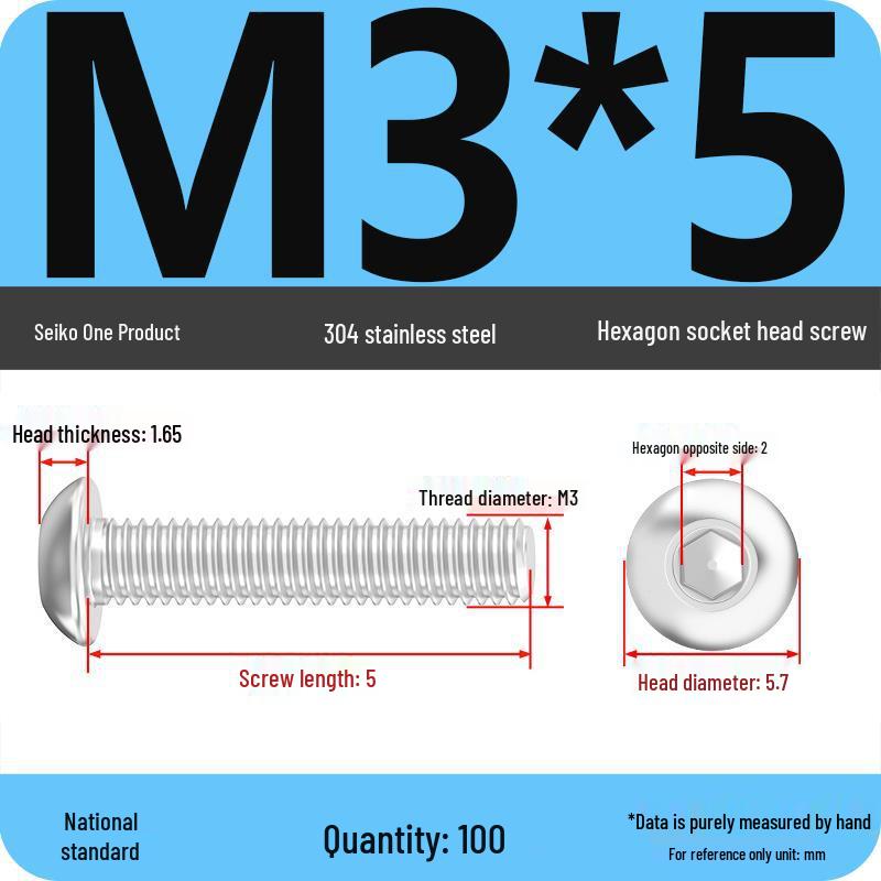 304 Stainless Steel Pan, Half, and Round Head Hexagon Screws (M2-M12)