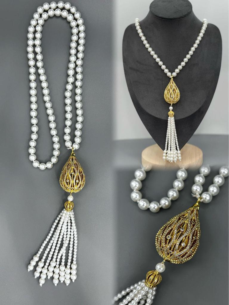 Elegant European & American Light Luxury Tassel Pearl Sweater Chain with 3D Hollow Zircon Pendant