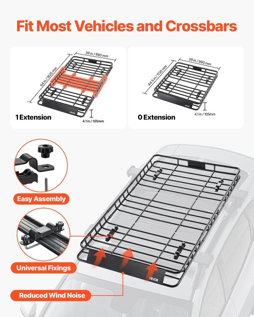 Roof Rack Basket, 1625 x 990 x 105 mm, Universal Rooftop Cargo Carrier with 1120 x 870 x 260 mm Cargo Bag, Net, Ratchet Straps, 113.4 kg Max Load