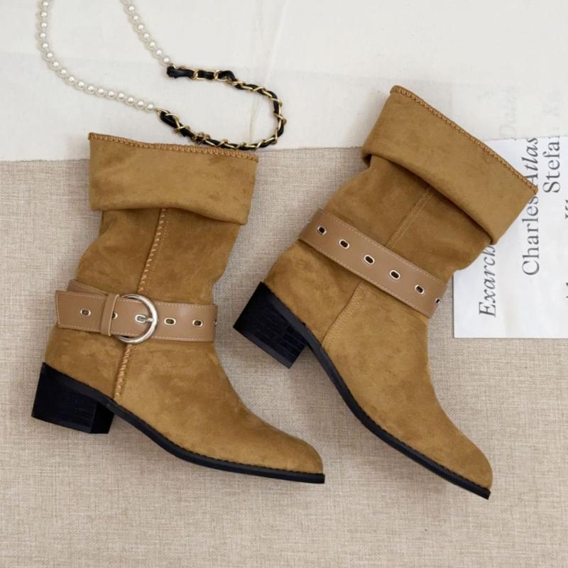 Retro Womens Faux Suede Western Cowboy Ort Boots Women's Autumn Winter Fashion Booties Pointed Toe Crumpled Booties Comfortable