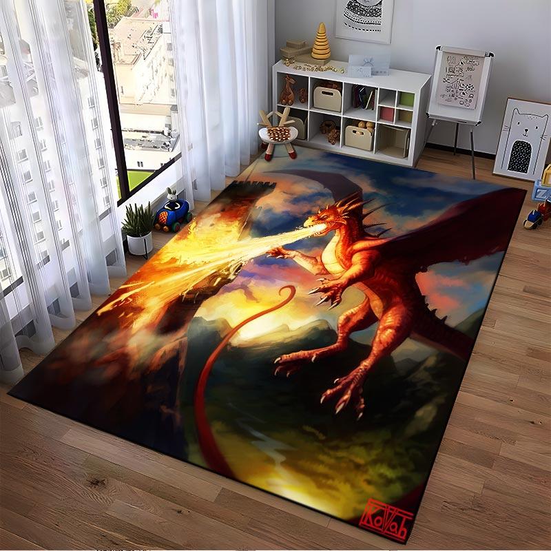 Fiery Dragon Attacking Castle with Scenic Background Fantasy Illustration Carpet Suitable for use as an anti-slip1 for1room and bedroom sofas