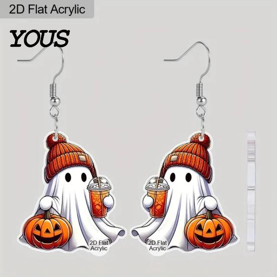 Skin Friendly Earrings 1 Pair White Ghost Pumpkin Drink Earrings, Gothic Hip Hop Halloween Drop Cute Novelty Jewelry Gift for Women Party Accessories