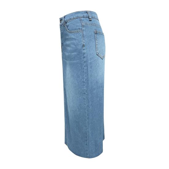 Højtaljet Denim Nederdel Kvinder Sommer Knapper Lynlås Gylp Lommer A-formet Nederdel Midterste Front Slids Design Midi Nederdel Streetwear