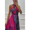Women Halter Neck Sleeveless Printed Tie Waist Flowy Hem Dress, Casual Fashion Summer Dress for European American Women