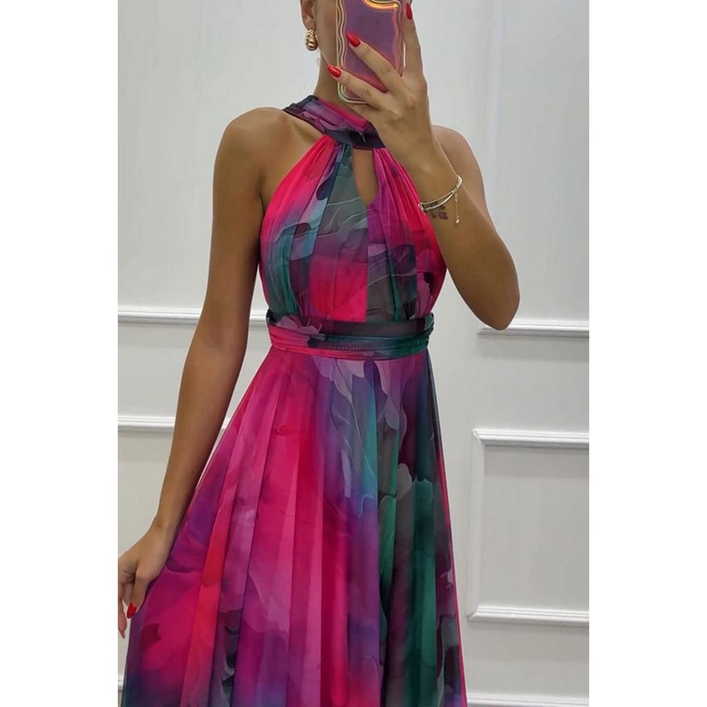 Women Halter Neck Sleeveless Printed Tie Waist Flowy Hem Dress, Casual Fashion Summer Dress for European American Women