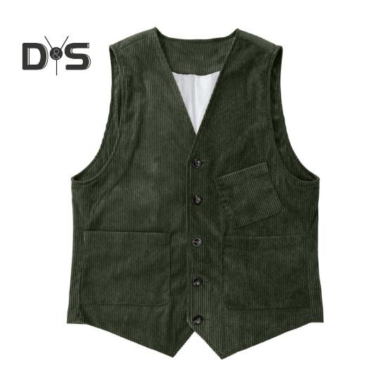 Men Corduroy Vest Coat V-neck Sleeveless Single Breasted Buttons Waistcoat with Pockets Solid Color Vest Jacket