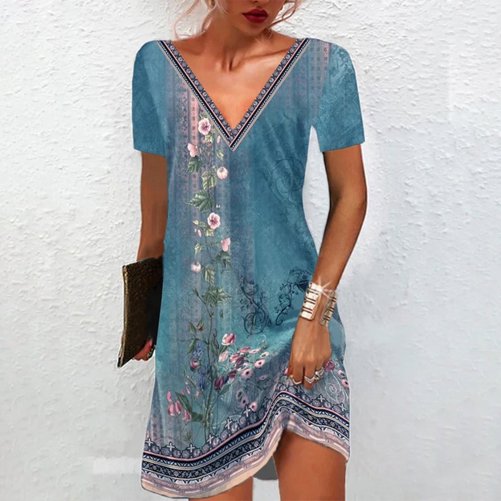 Women s Button Decoration V Neck Dress Ladies Patchwork Dress Floral Print Short Sleeve Long Dress S
