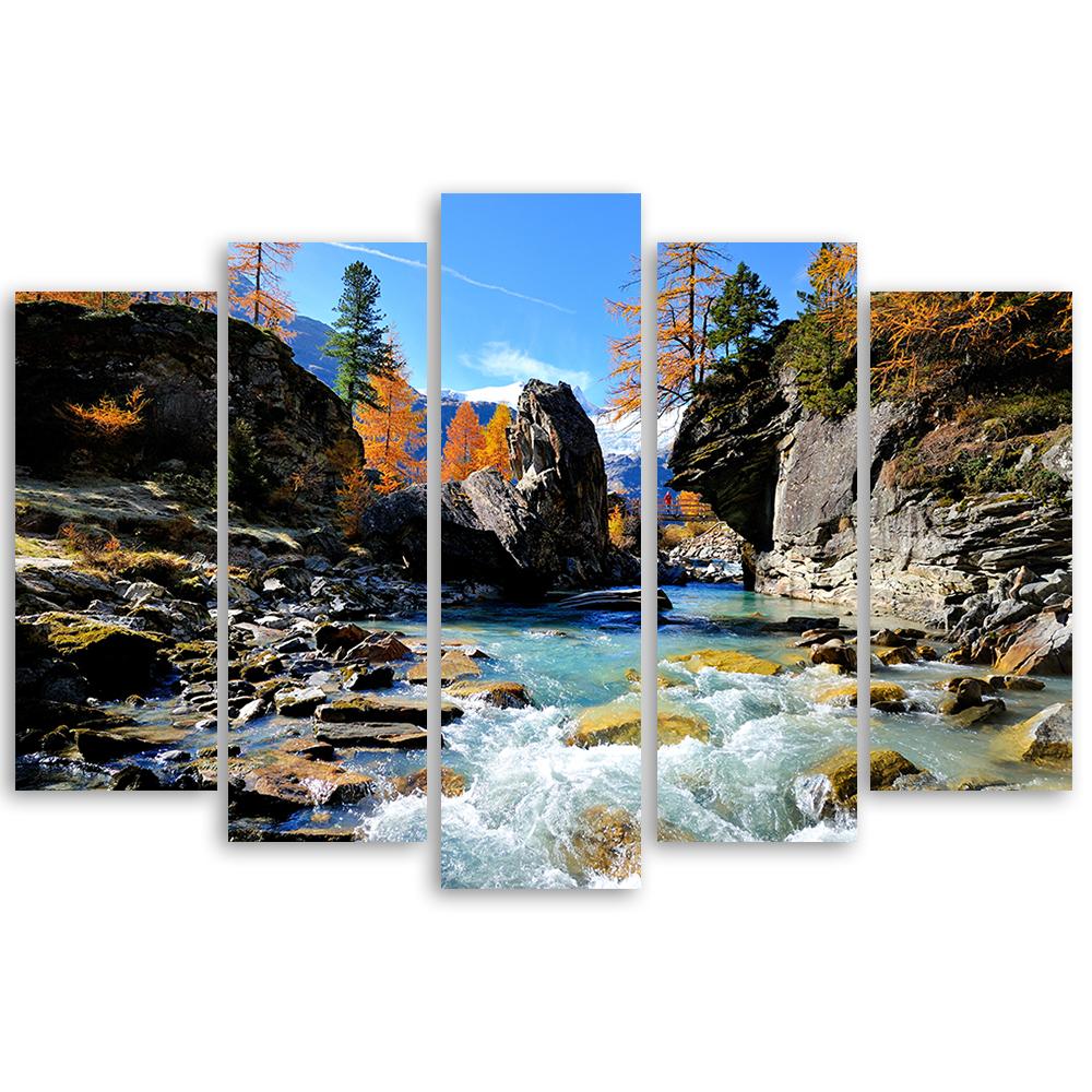 Obraz na plátně z pěti kusů Mountains Waterfall Rocks