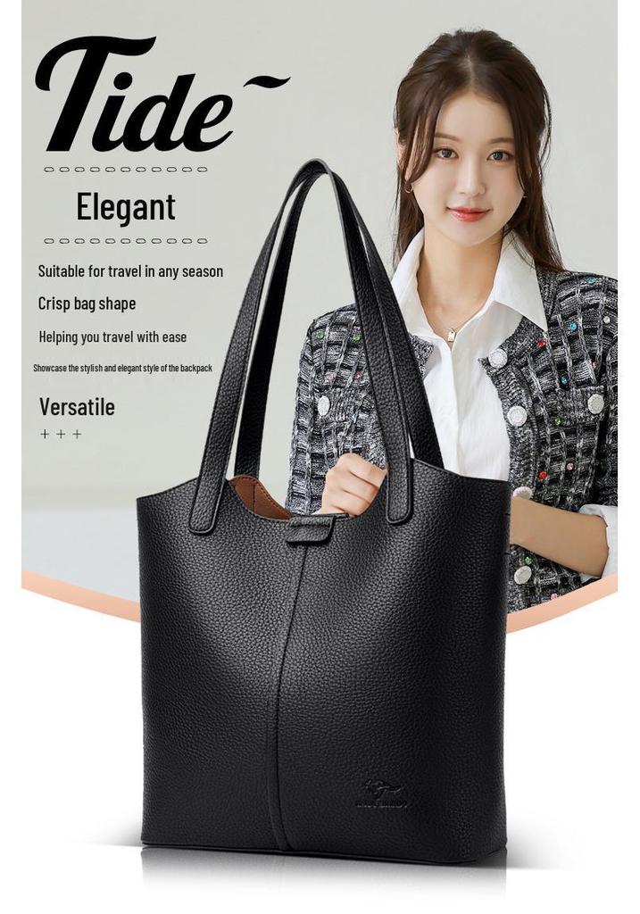 Women's Soft Leather Tote Bag - Stylish Simple Solid Color, Large Capacity, Single Shoulder for Work and Commute.