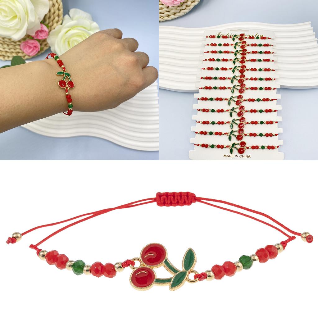 12 Pack Adjustable Cherrys Braided Bracelets With Alloy and Crystals Beads for Women Girls Gift