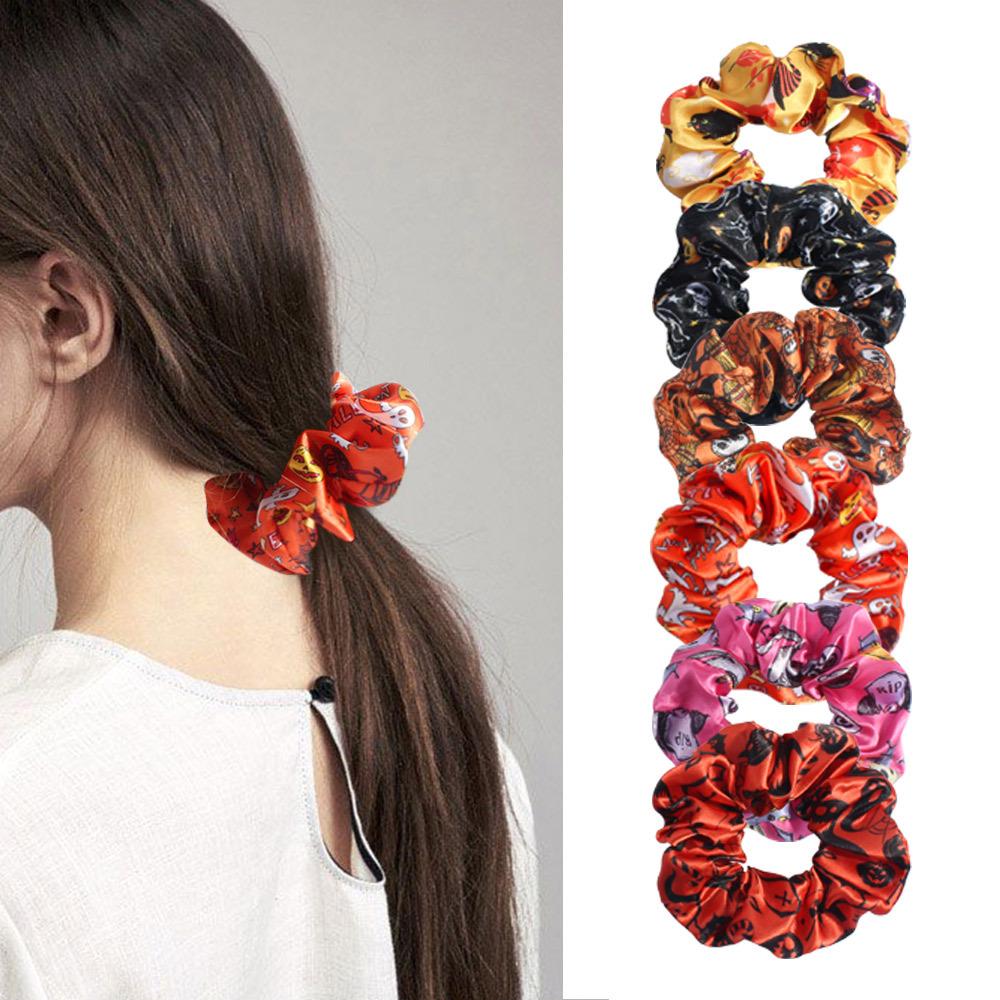 Digital Print Halloween Scrunchie Satin Fabric High Elasticity Hair Tie Hair Accessory Non-Damaging to Hair