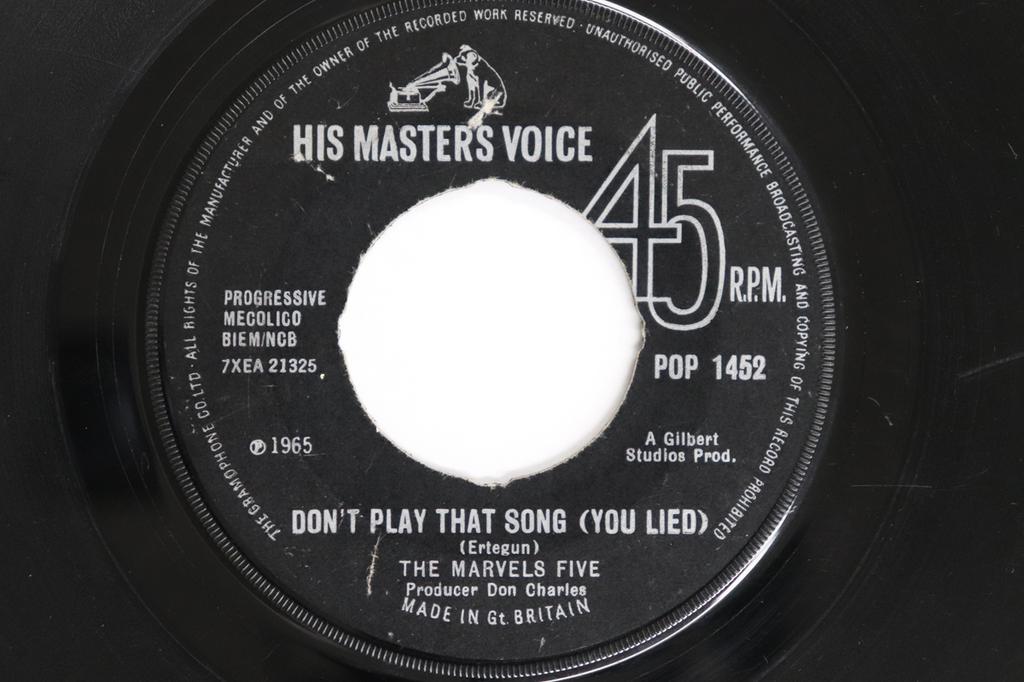 7inch Record MARVELS FIVE - Don't Play That Song (You Lied) / F POP1452 HIS MASTER'S VO 1965 UK Soul/Funk Used