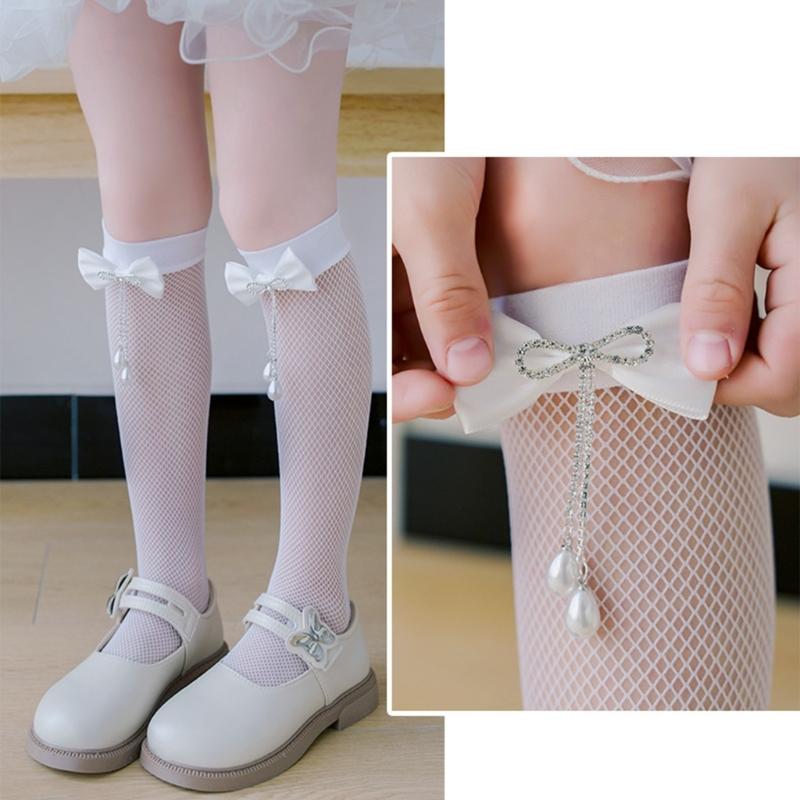 Pack of 1 Pair Girls Breathable Mesh Knee Length Socks Bowknot Accent Socks Stretchy Comfort for 3-10Y Kids