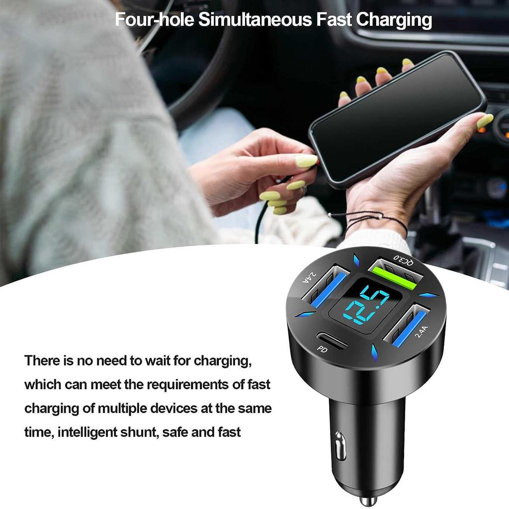 USB Car Charger Quick Charge 3.0, 66W Fast Charger Adapter for Cigarette Lighter 4-Port USB PD, LED Cigarette Lighter for Mobile Phone Laptop Pixels