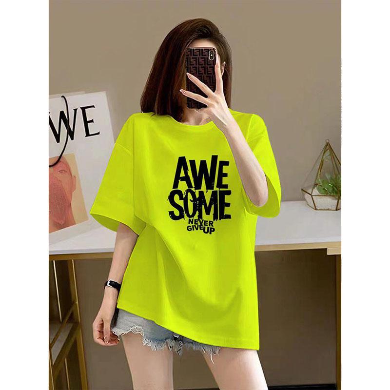 Damenbekleidung Schick Buchstabendruck Basic Top T-Shirts Sommer Mode Reine Baumwolle Rundhals Kurzarm T-Shirt Locker Pullover 45-105Kg