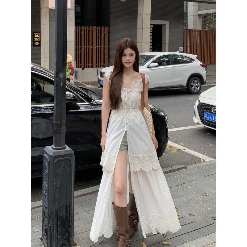 Kumikumi Sweet Style Lace Stitching Embroidery V-neck Dress Women Summer Temperament Waist Hugging Slimming Long Skirt