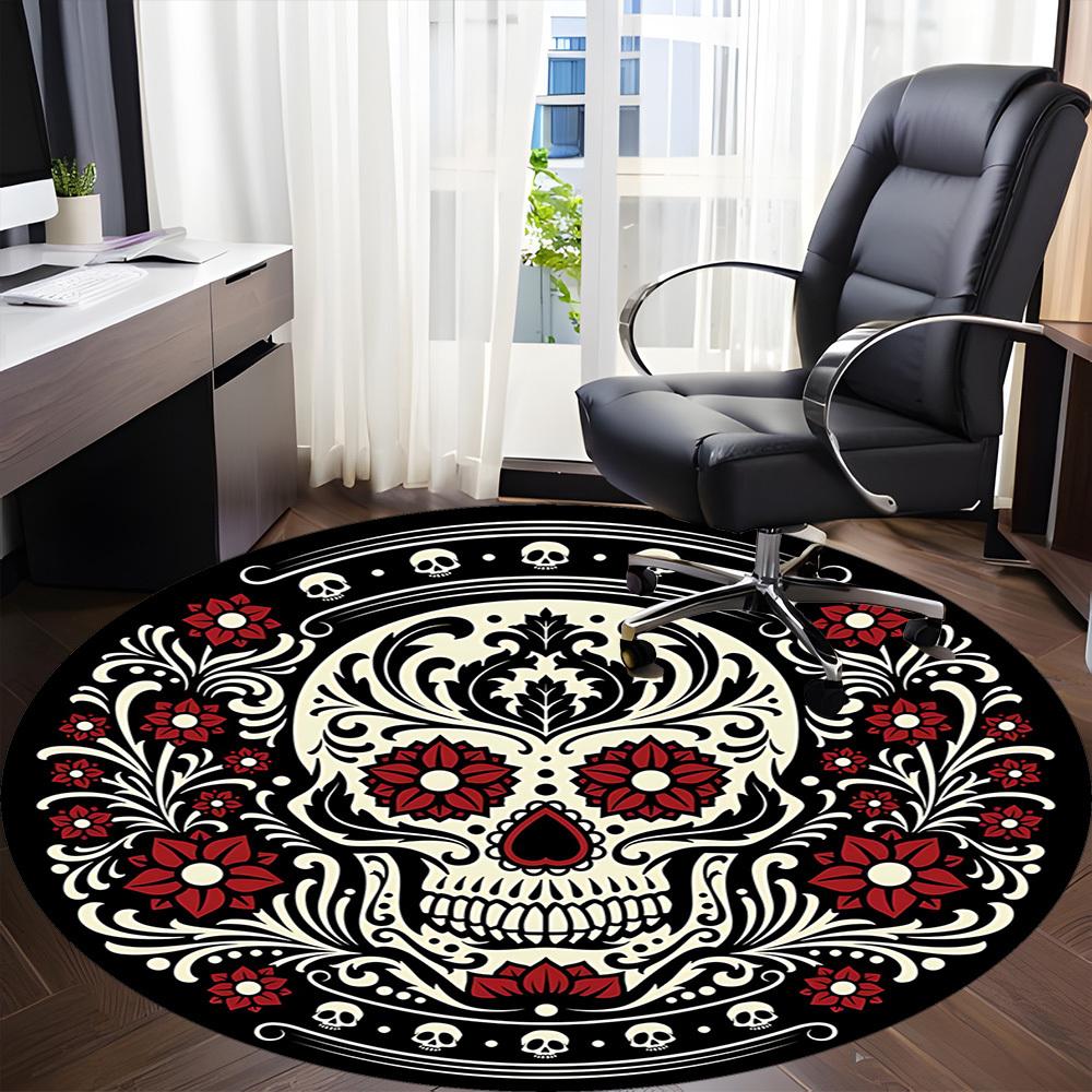 1pc Sugar Skull Day of the Dead Office Round Area Rug, Under Office Chairs Bedroom Living Room Home Decor, Room Deco, Available In Various Sizes