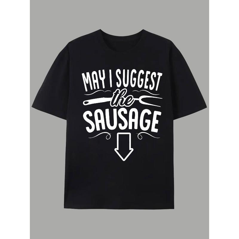 European sizes Recommended Sausage Print Men's Casual T-Shirt, Summer Men's Crew Neck Short Sleeve T-Shirt