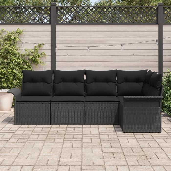 VidaXL Ensemble de canapé de jardin 5 pièces avec coussins en noir Poly Rattan 3345363