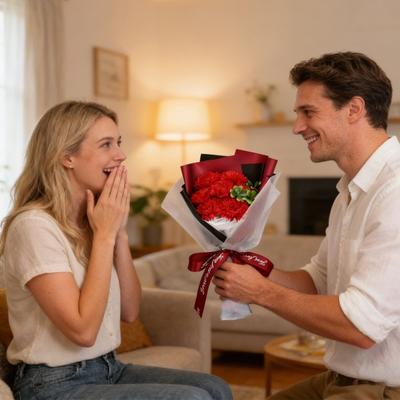 Valentine's Day Flower Bouquet with Bear And Gift Box 7 Scented Soap Flowers Artificial Rose Carnation Bouquet