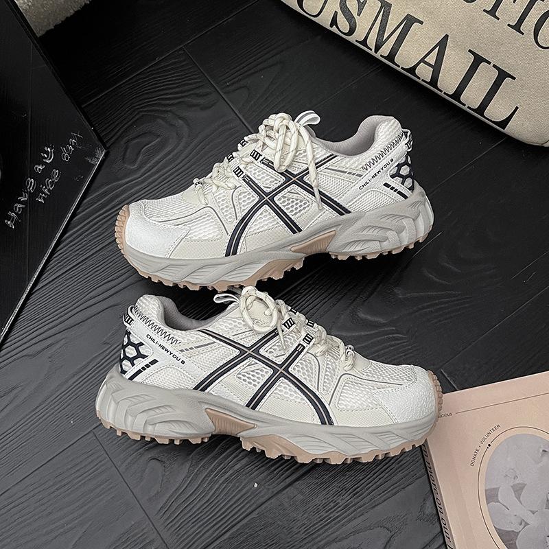 [Fanfna] Leather mesh dad shoes 2025 summer breathable fashion versatile lace-up hiking shoes Forrest Gump shoes