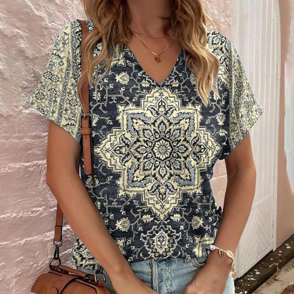 Bohemian Style Short Sleeved 3D Color Printed Trendy Casual Loose T-shirt