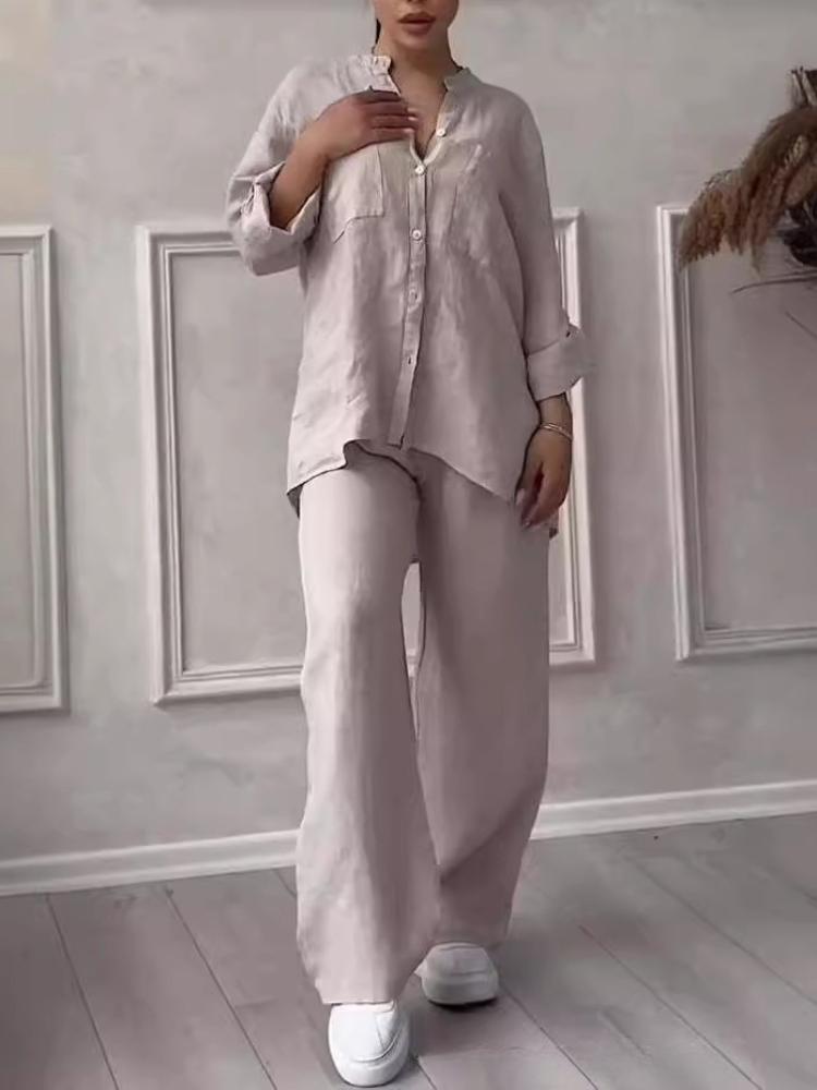 

Повседневный комплект из хлопка и льна однотонной рубашки и широких брюк на кулиске 5XL хаки