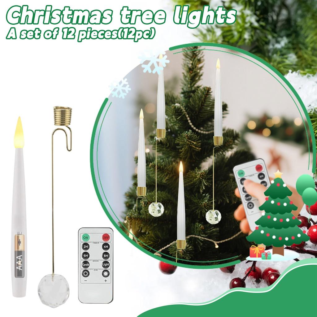 Flashing Short LED Taper Candles With12 Crystal Ball Hooks, Battery-operated Timer,  Plastic Window, Flameless, Illuminated