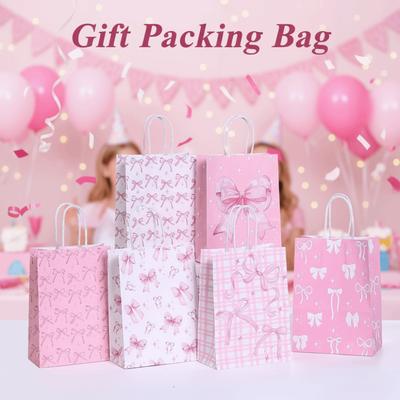 12Pcs Party Supplies Sweet Gift Packing Bag Paper Pink Bow Present Wrap Bag Portable Convenient Party Favor Bags Celebration