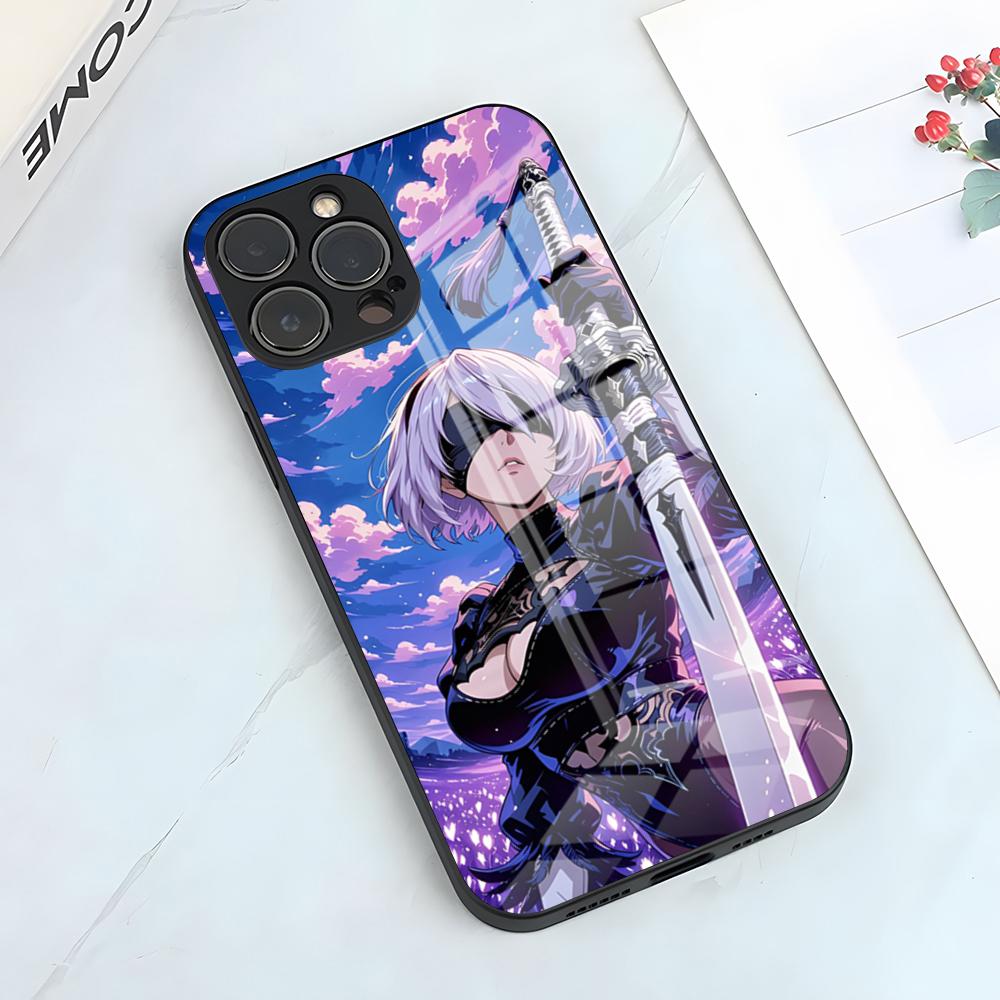 N-NieR Automata 2B Phone Case For IPhone 17 Pro Max 15 Pro 16 14 Plus 12 13 Mini 11 Pro Shockproof Glass Cover