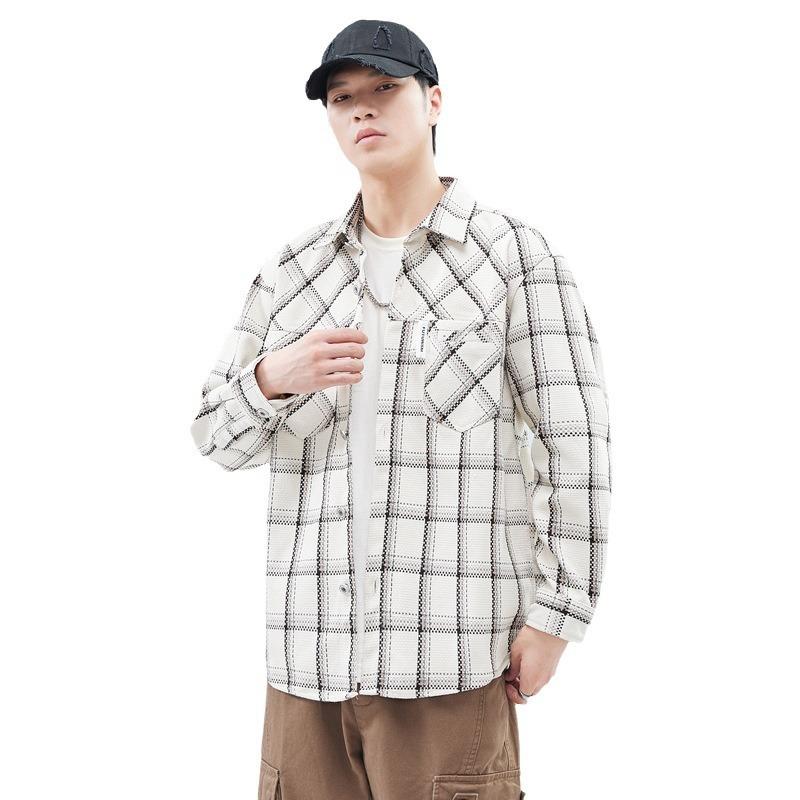 Heavy Japanese Trendy Brand Tooling Plaid Loose Casual Shirt Jacket Beige Spot Whole Single Cotton Machine Washable