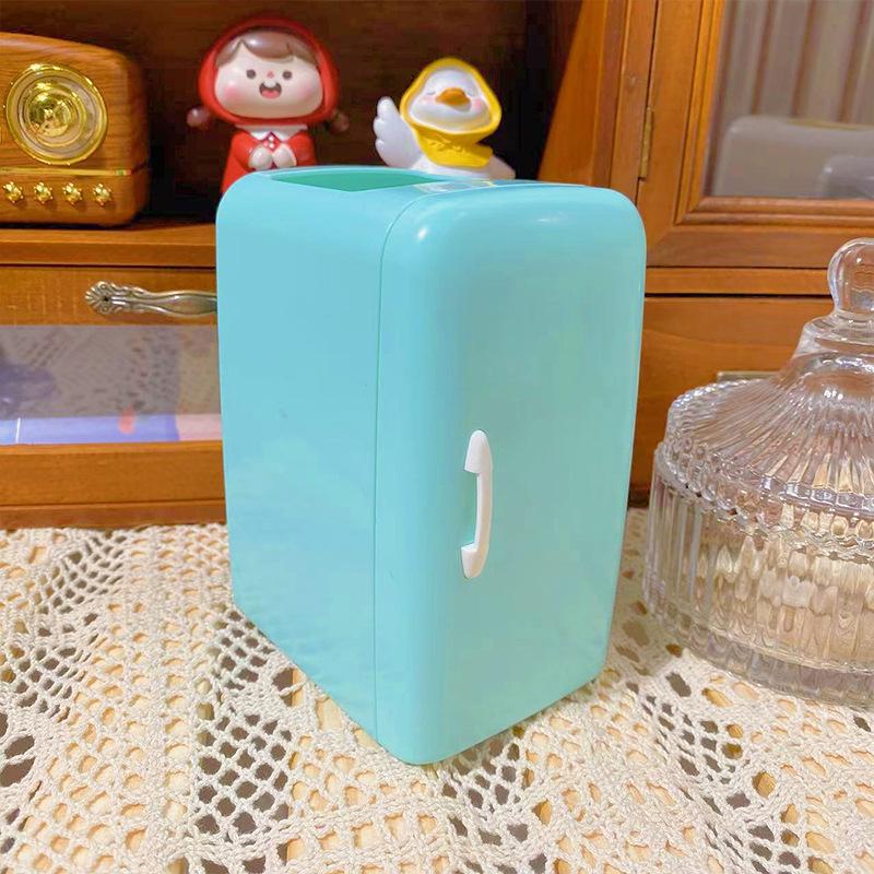 Cute Mini Refrigerator Shape Pen Holder Cartoon Girl Stationery Desktop Organizer Box Capacity Office Storage Free Stickers