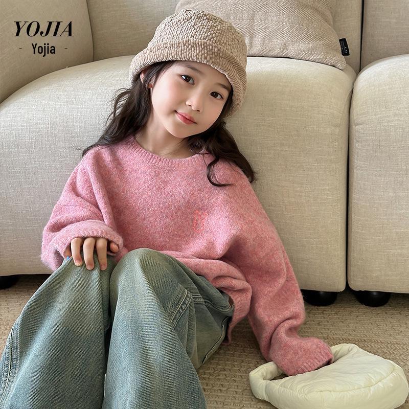 YOJIA Vinter 2024 Flickors Trendiga Stickade Tröja - Mångsidig Barnbasöverdel