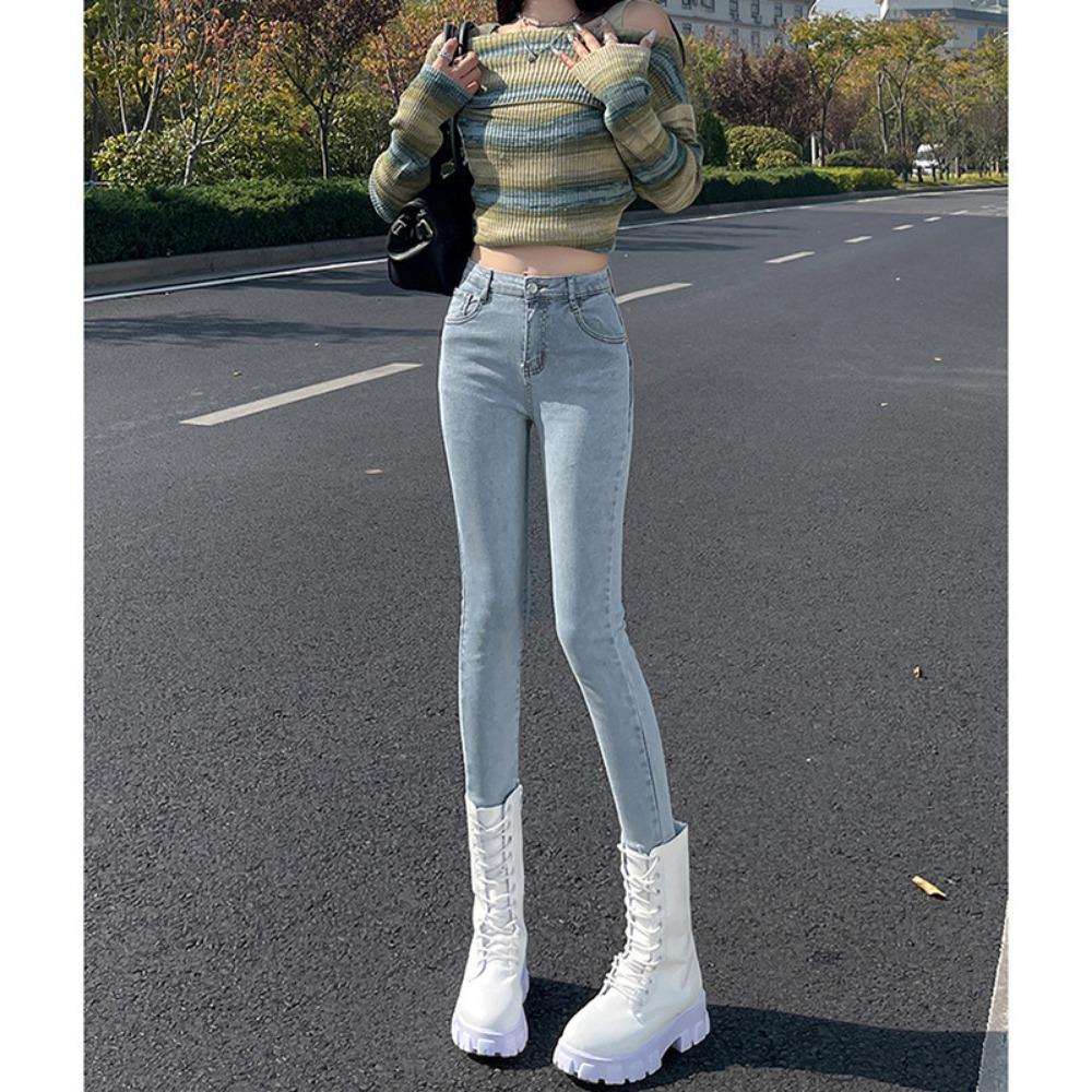 Simple High-waisted Elastic Small-footed Jeans for Women's Autumn and Winter 2025 New Thin and Slim Small Pencil Pants