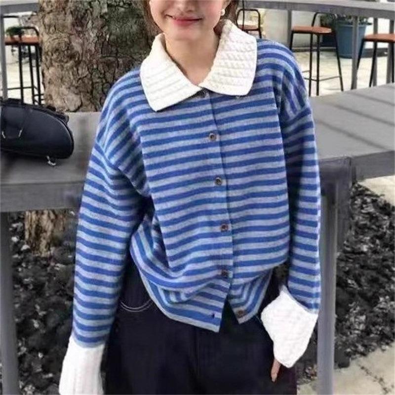Striped polo neck long-sleeved sweater knitted sweater women's early autumn lazy and relaxed wearing jacket top