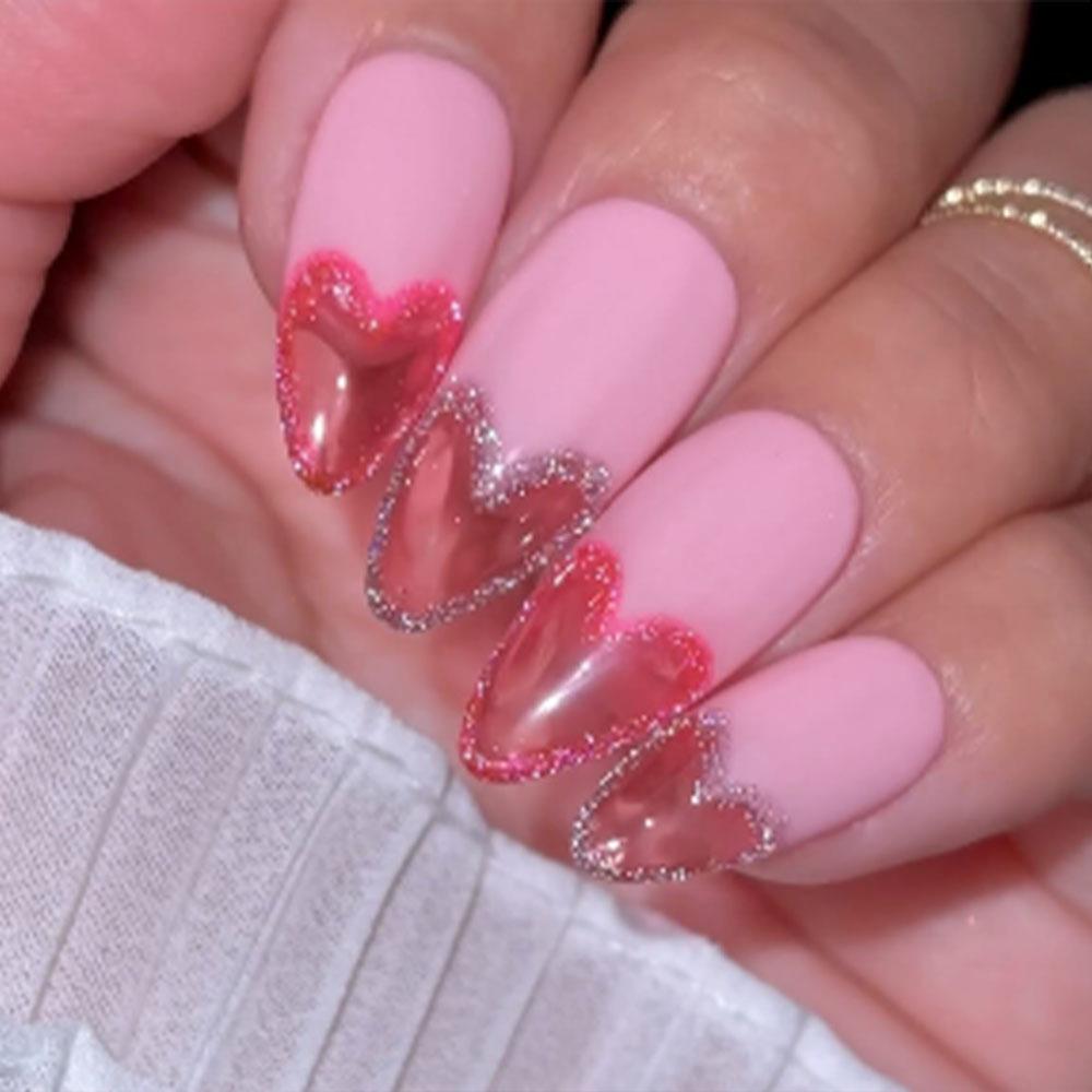 Heart Glitter French Manicure Nail Stickers: 24 Almond-Shaped Wear-On False Nails