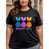 Women Plus Size Easter Bunny T-Shirt Black Peepin It Real Glasses Bunny Crew Neck Short Sleeve Spring Summer Streetwear Machine Washable Top