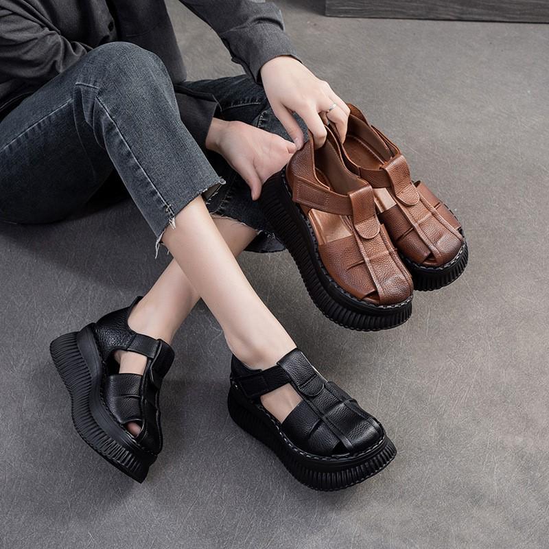 Fashion GKTINOO Woman Sandals Summer Wedge Sandals Casual Cutout Genuine Leather Women Shoes Female Ladies Platform Retro Sandalias