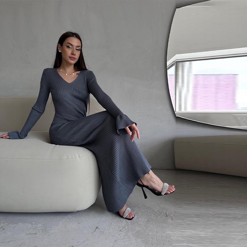 Women Elegant Solid Slim Long Sleeve Ribbed Knitted Dresses Autumn Winter Casual Basic V-neck Warm Sweater Dress