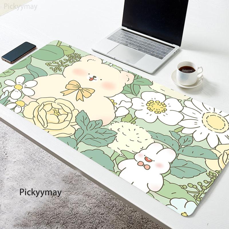Pink Flower Mouse Pad Kawaii Rabbit Mousepad Computer Masuepad Keyboard Large Desk Mat Office PC Table Deskmat x Deskpad