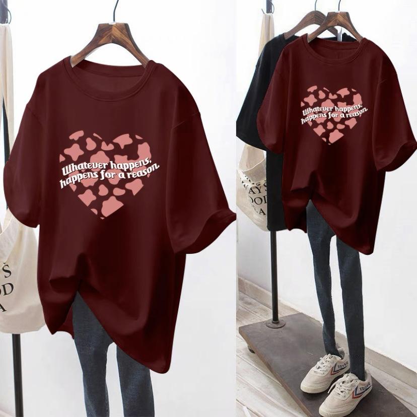 

Rose red loose cotton shoulder long love short-sleeved T-shirt women s 2025 summer new large-size top XXXXL бордовий