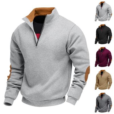 Men's Fleece-Lined Zip-Up Stand Collar Patchwork Contrast Colour Henley Long-Sleeved Casual Sweatshirt for Autumn/Winter