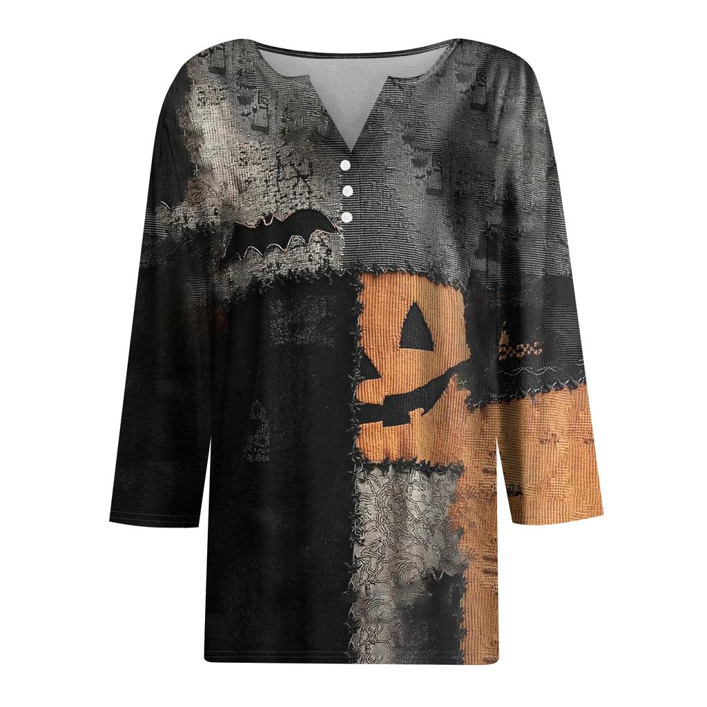 Women's Fashion Button-Up V-Neck Three-Quarter Sleeve Halloween Print Top