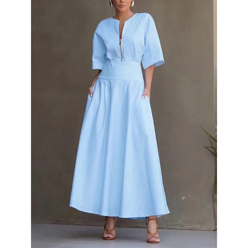 Women's Solid Color Short Sleeve Maxi Swing Dress Casual Fashion Summer Dress for Women