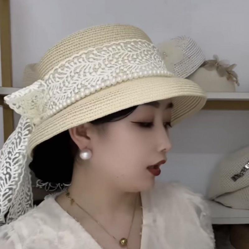 Summer Pearl Ribbon Hepburn French Mini Hat, Outdoor Sun-protection Sunshade Basin Hat, Sun Hat for a Slimming and Elegant Look