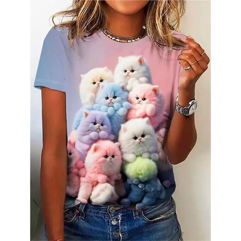 Summer Round Neck 3D Cute Cat Pattern Print Top Fashionable Casual Short Sleeved Women's T-shirts
