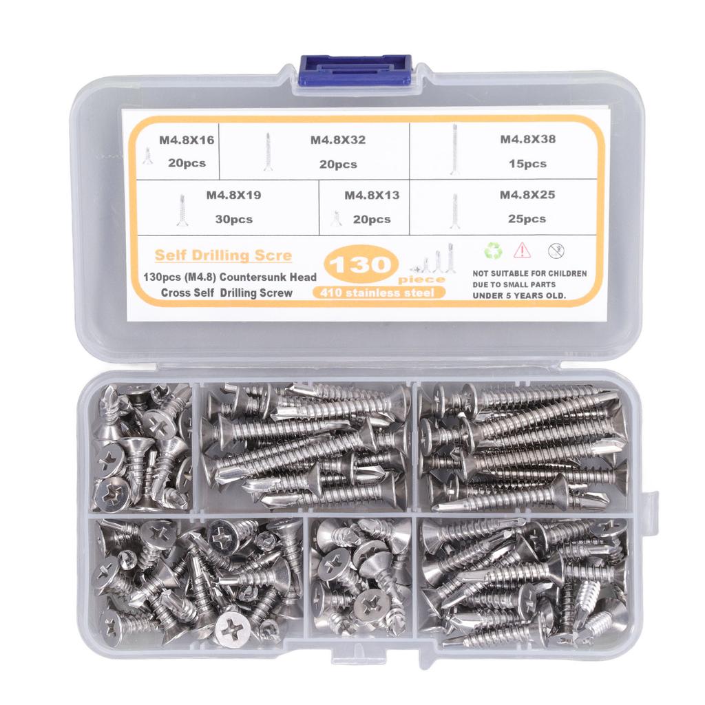 130 SZTUK Śruba Krzyżakowa z Płaskim Łbem Stal Nierdzewna M4.8 Odporne na Rdzę Wkręty Samowiercące do Włókna Szklanego